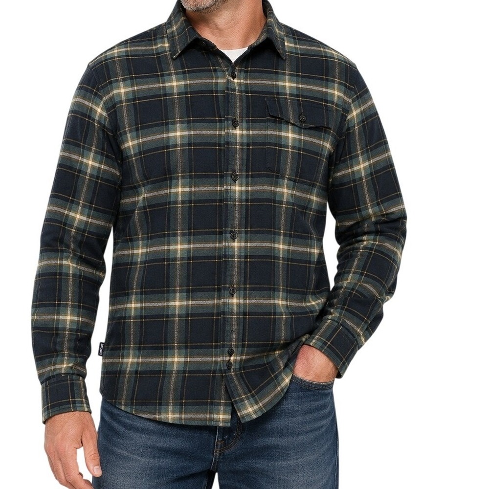 Patagonia Green Navy Yellow Plaid Organic Cotton Flannel Shirt Men's Medium